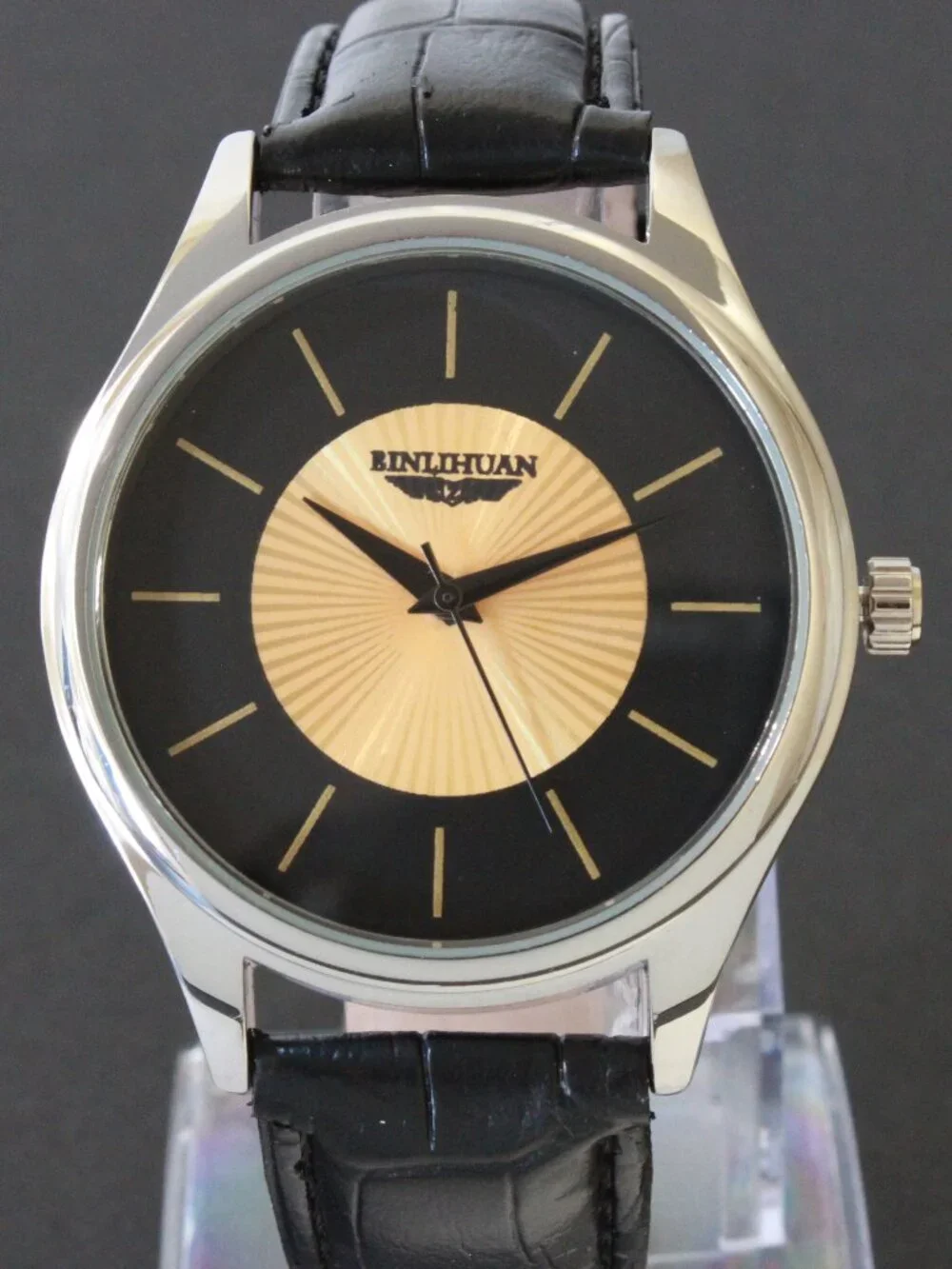 Men's Quartz Dress Watch Black Dial Gold Textured Insert Black Strap 42mm